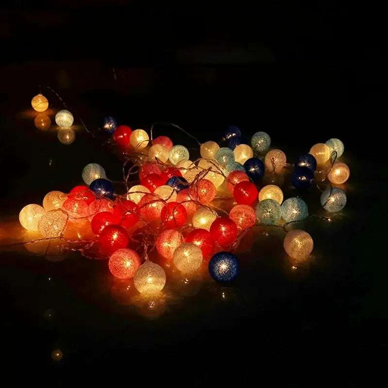 Multicolor LED String Lights Cotton Balls glowing in red, blue, and white, ideal for festive or party lighting.