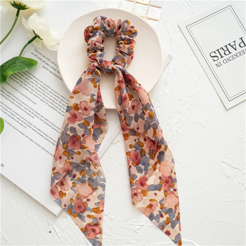 Fashion Print Bow Scrunchies Hair Ribbon