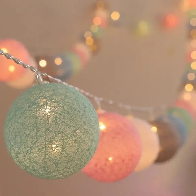 LED String Lights Cotton Balls in pastel colors with 10/20/30 LED options, perfect for cozy home decor and ambient lighting.