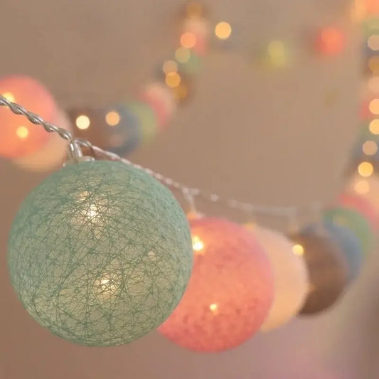 LED String Lights Cotton Balls in pastel colors with 10/20/30 LED options, perfect for cozy home decor and ambient lighting.