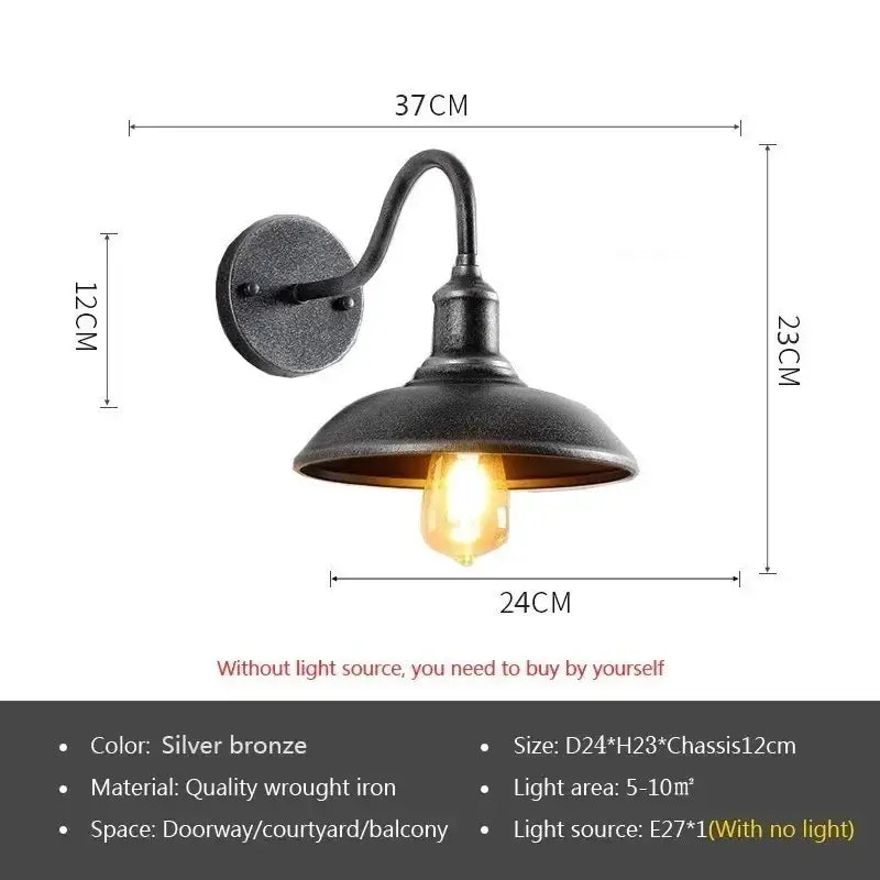 Silver bronze Retro Waterproof LED Wall Lamp with dimensions and specs, ideal for outdoor doorway or balcony lighting.
