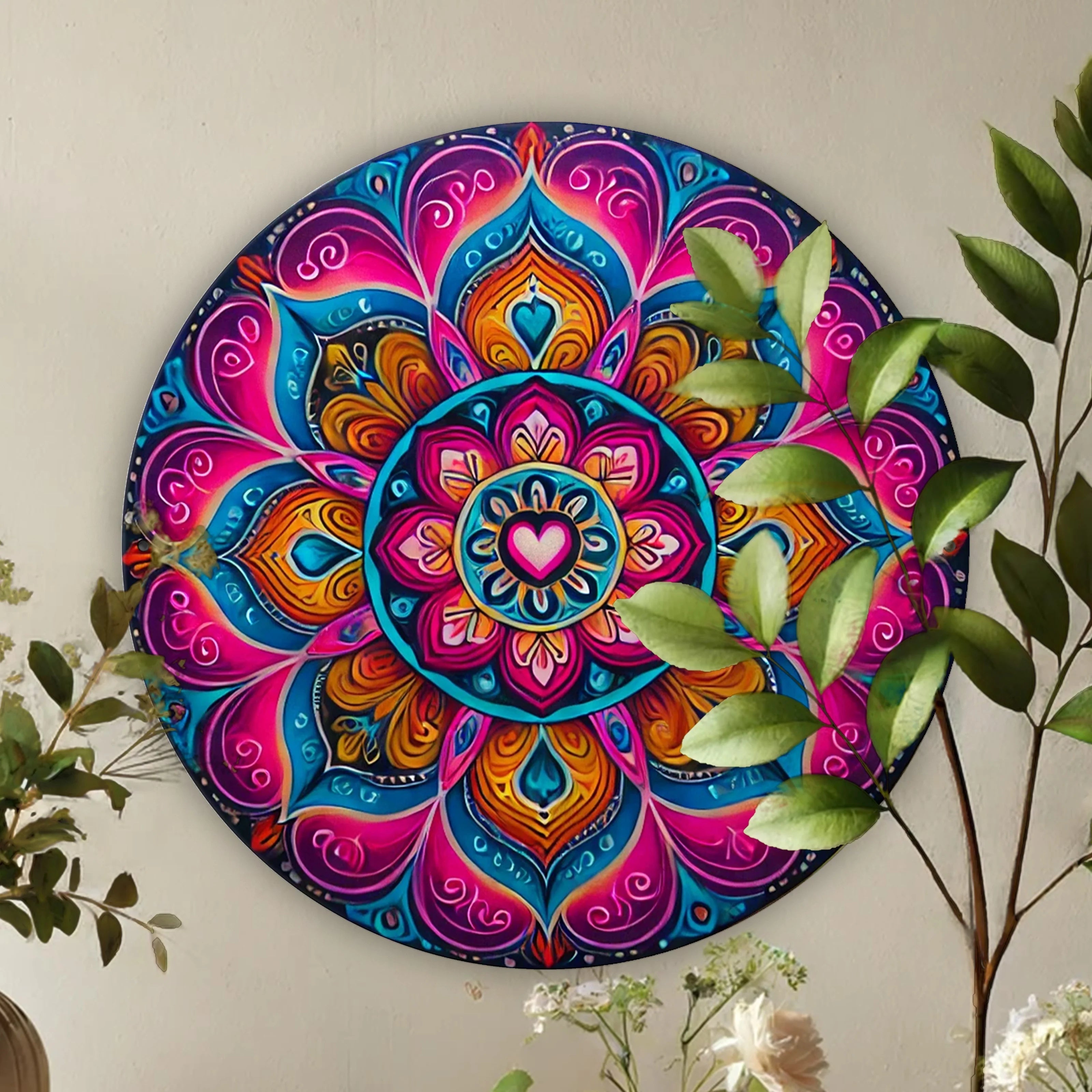 Colorful round Mandala Metal Wall Art mounted on indoor wall with surrounding plants. Spiritual and artistic decor for home interiors.