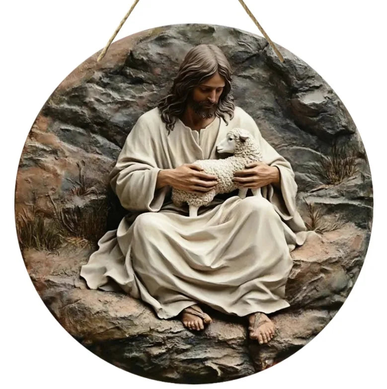 2D Retro Jesus Sign - Wooden Welcome with Jesus gently holding a lamb on a rocky background, ideal for peaceful holiday decor.