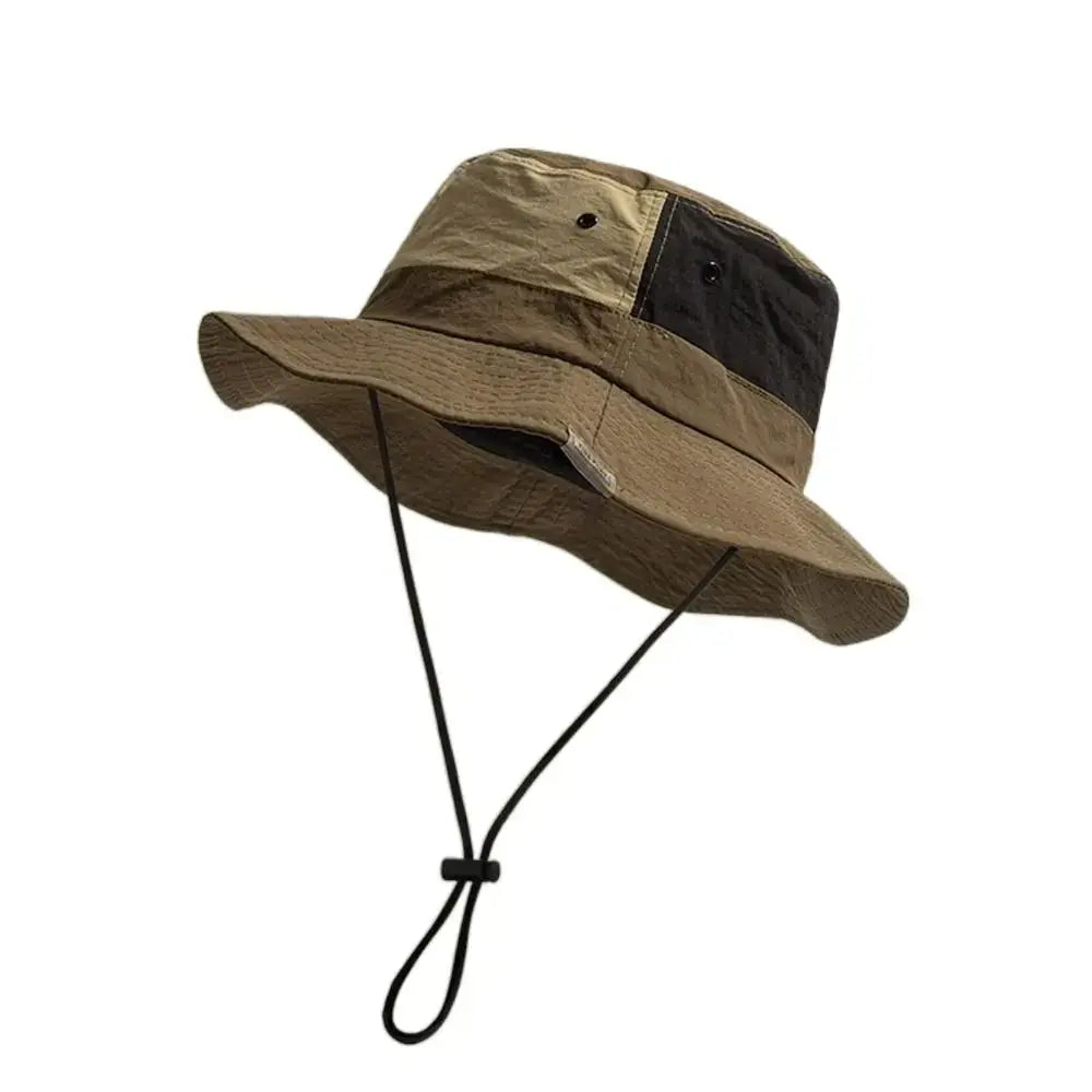 Khaki and brown Sun Protection Bucket Hat - Quick-dry with wide brim and chin cord. UV-resistant and foldable for travel use.