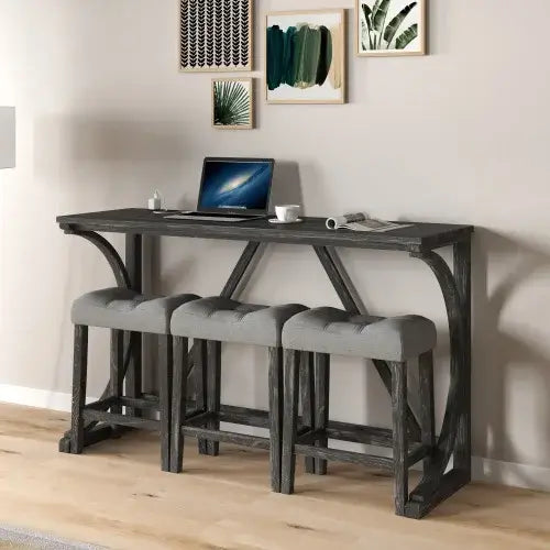 Industrial Bar Table Set featuring a dark wood finish and three ergonomic stools, perfect for compact dining or workspaces.