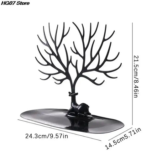 Black Jewelry Tree Storage Rack with deer base and dimensions 24.3cm x 14.5cm x 21.5cm. Ideal for organizing necklaces and bracelets.