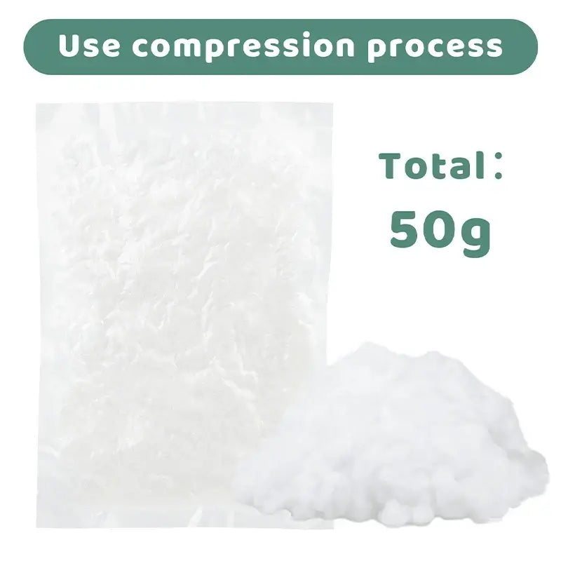 Compressed 50g KRABALL Polyester Fiberfill Stuffing shown in clear packaging with loose fiber beside it. Ideal for crafts and toy filling.