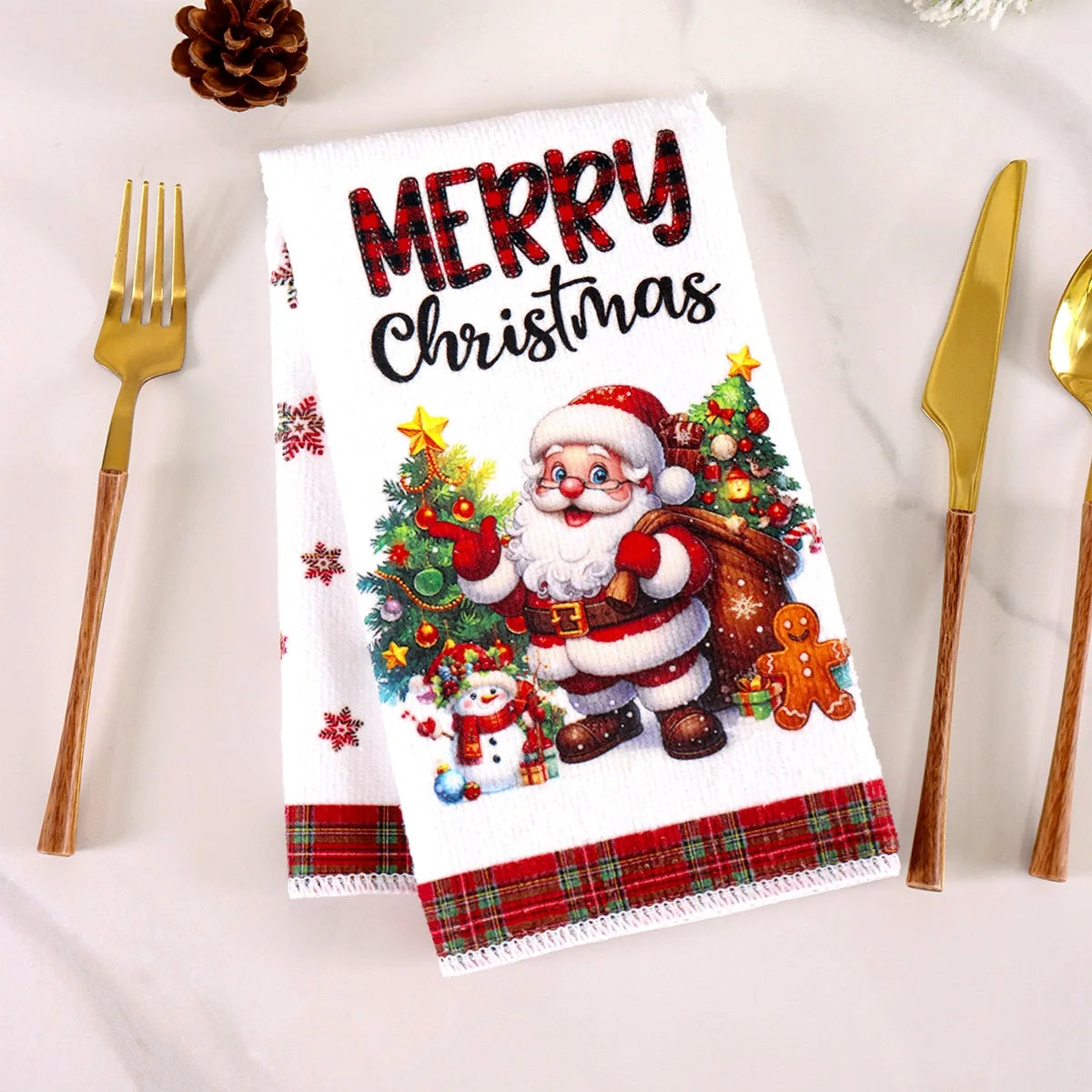 2pcs Christmas Kitchen Dishtowels featuring Santa designs with red plaid and festive text, ideal for holiday kitchen décor.