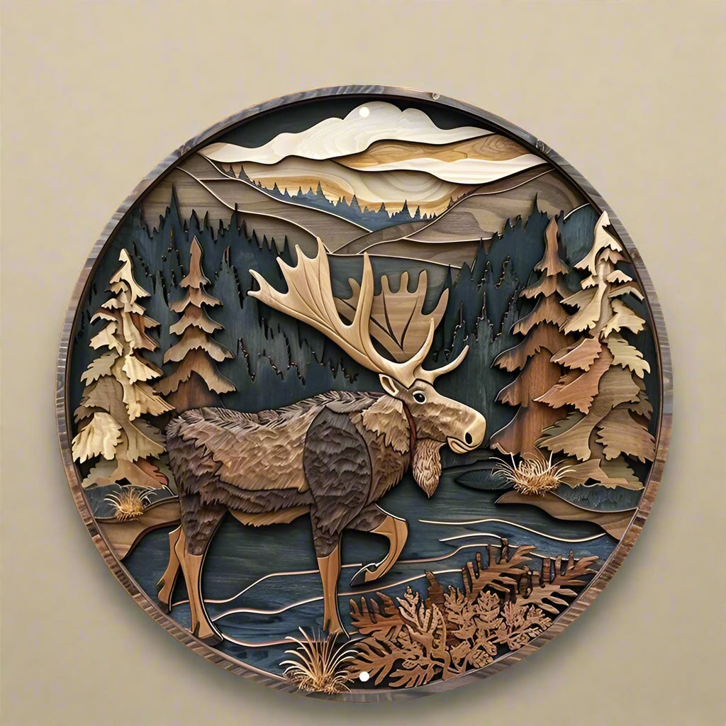 Moose Wall Art - Silhouette Metal Sign for Decor mounted on a plain wall, highlighting the intricate forest and wildlife design in earthy tones.