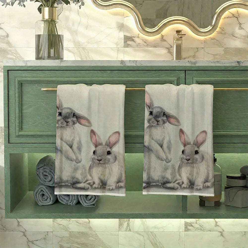 2Pcs, Hand-Painted Gray Rabbit Kitchen Towels Set