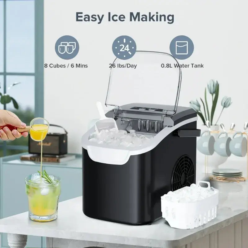Compact countertop ice maker producing 8 cubes in 6 minutes, 26 lbs per day with 0.8L tank, great for fast and easy ice making.