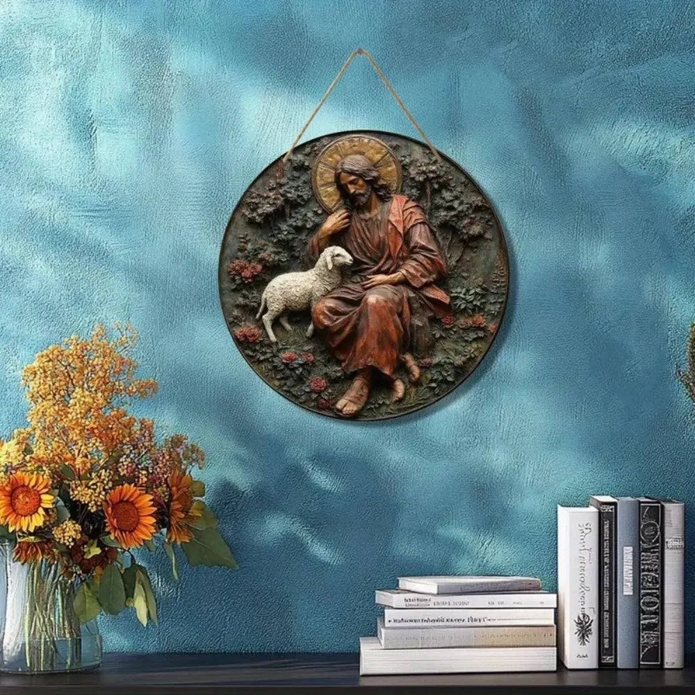 2D Retro Jesus Sign - Wooden Welcome on a blue wall with books and flowers, offering a serene holiday touch to home decor.