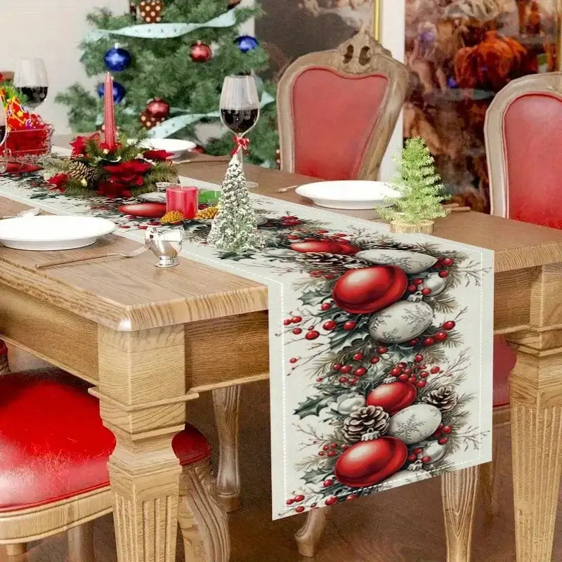 Elegant Christmas Magic Linen Table Runner with pinecones and berries decorates a holiday dining table with red chairs and tree.
