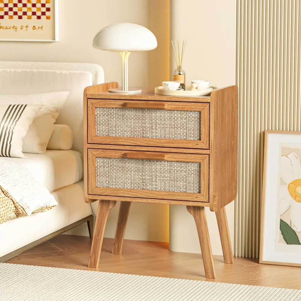 Set of 2, Rattan Nightstands with 2 Drawers