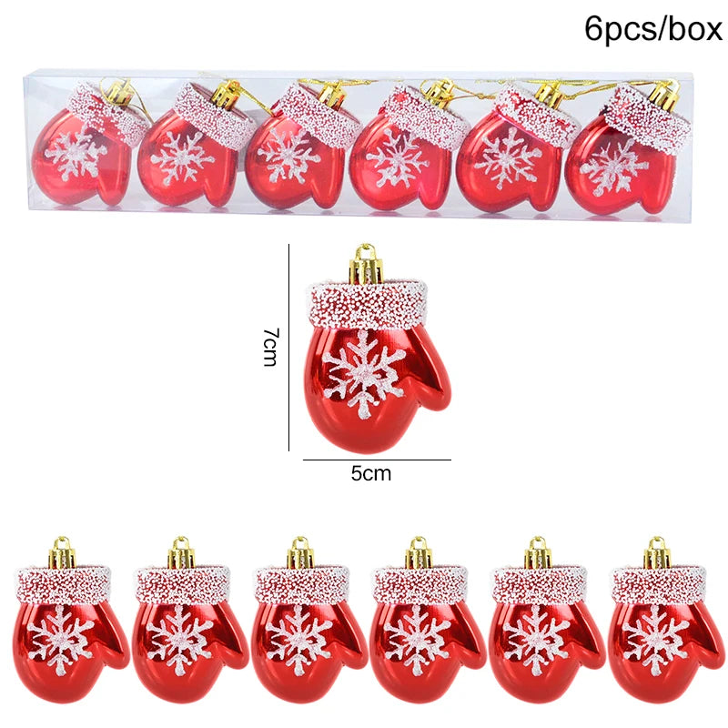 6pcs/box red mitten ornaments with snowflake design, 7cm tall, included in the Christmas Tree Ornaments Set - 6pcs Red Star Candy.