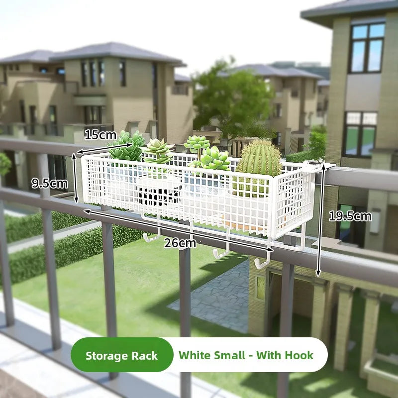 White small Balcony Plant Stand Windowsill with hooks, 26cm wide. Hooks provide extra hanging space for garden tools or decor.