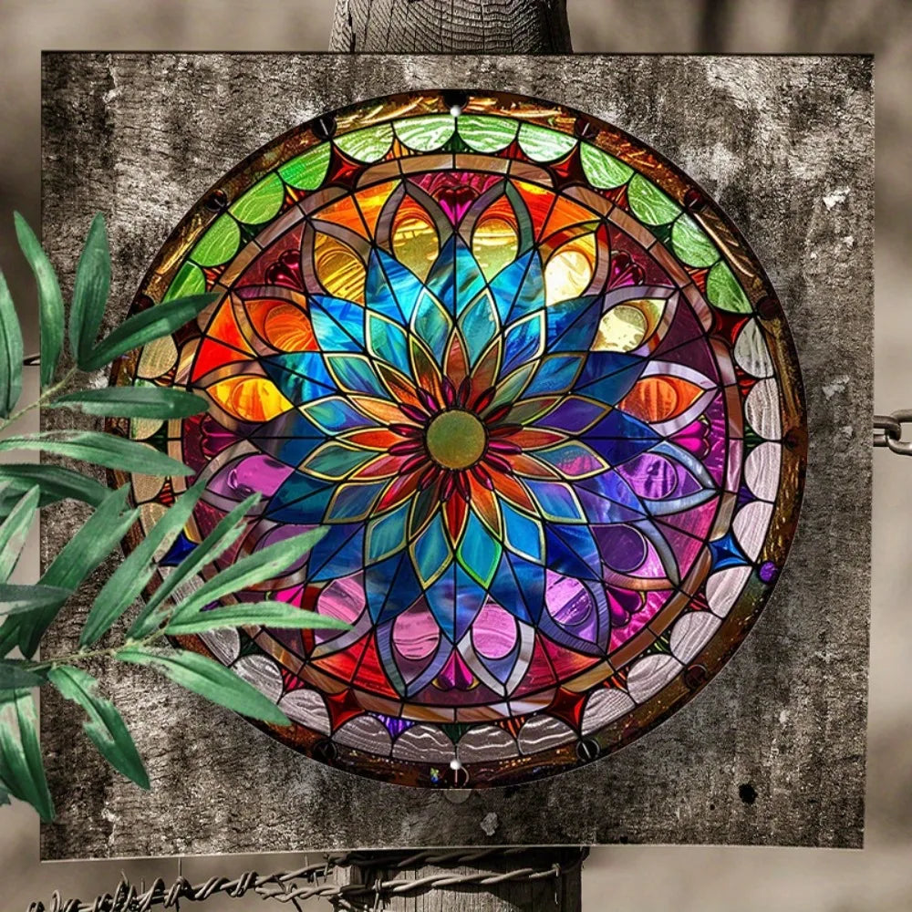 Round Mandala Aluminum Art Sign attached to weathered wooden surface outdoors, showcasing its vibrant design and UV-resistant finish.