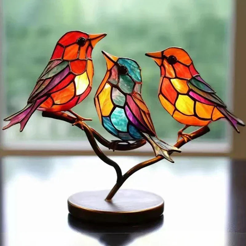 Multicolor Birds-Stained Acrylic Birds on Branch Desktop Ornaments Double Sided Multicolor -