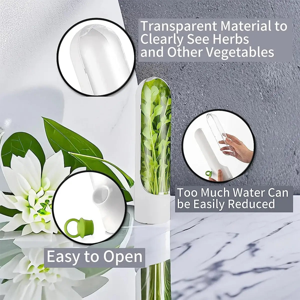 Herb Saver Container with transparent body for visibility, easy-open lid, and water control feature to prolong herb freshness in the fridge.