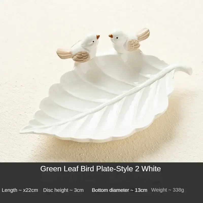 White ceramic leaf jewelry tray with bird figurines, Style 2 White, part of the Ceramic Jewelry Storage Trays collection.