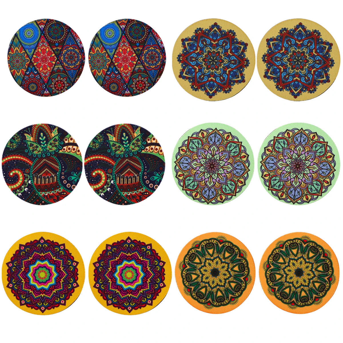 Collection of 2pcs Vintage Mandala Car Cup Mats in various colorful designs, offering stylish and protective vehicle decor options.