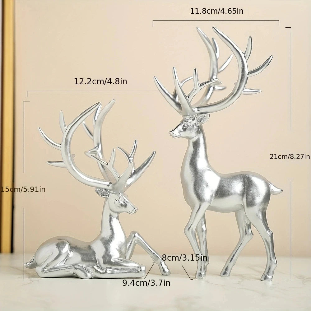 Silver Elk Ornaments Set with measurements. Resin elk figurines in standing and sitting poses for festive home and garden décor.