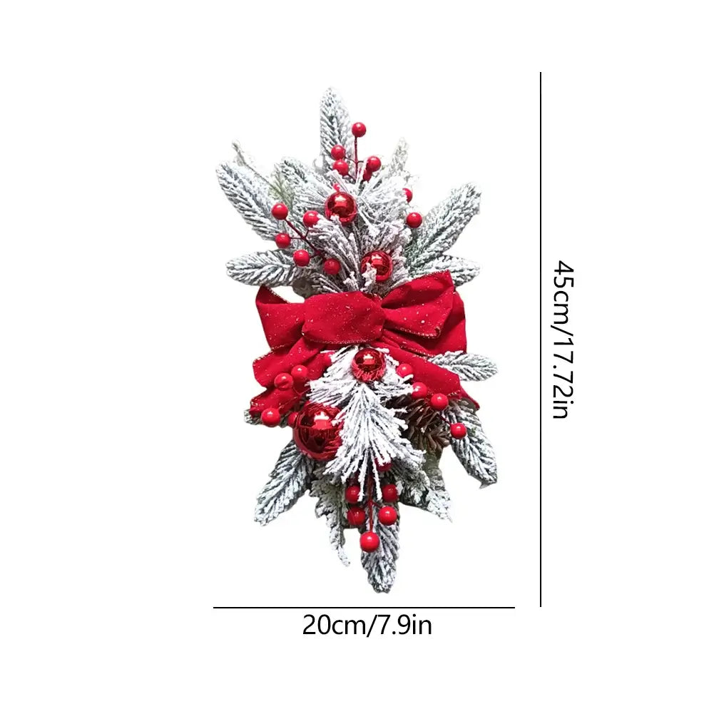 Snow-frosted red berry Christmas Wreath Hanging Pendant with red bow, 45cm x 20cm, ideal for LED holiday wall or door decor.