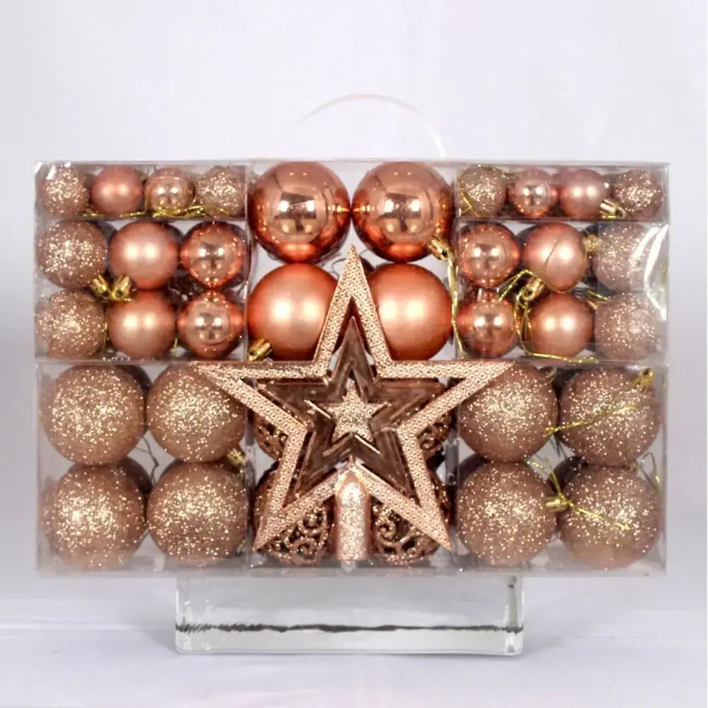 Rose gold 100PCS Plastic Christmas Ball Set with glitter and matte finishes, includes matching star topper for holiday trees.