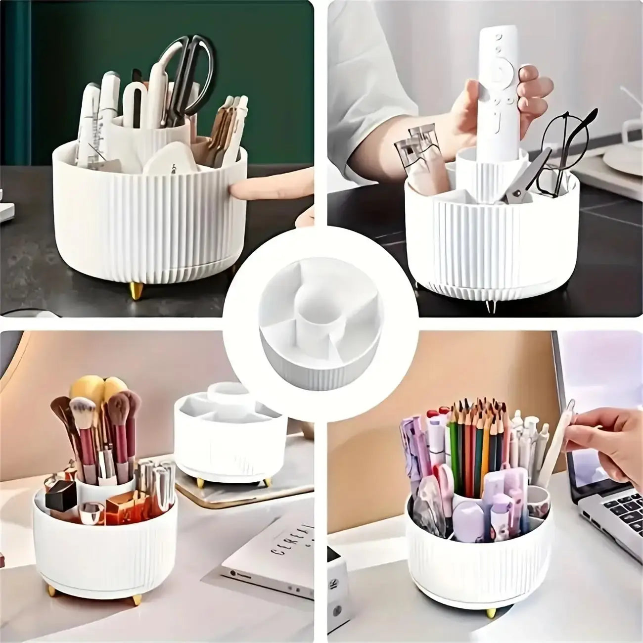 Multi-use 360 rotating storage box - 5 compartments organizing makeup, stationery, and remote control in various home settings.