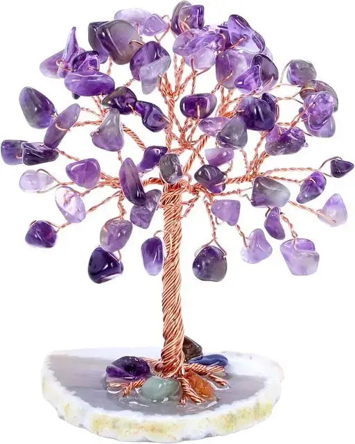 Amethyst gemstone money tree with twisted copper wire and agate base. Enhances spiritual energy and adds elegance to interiors.