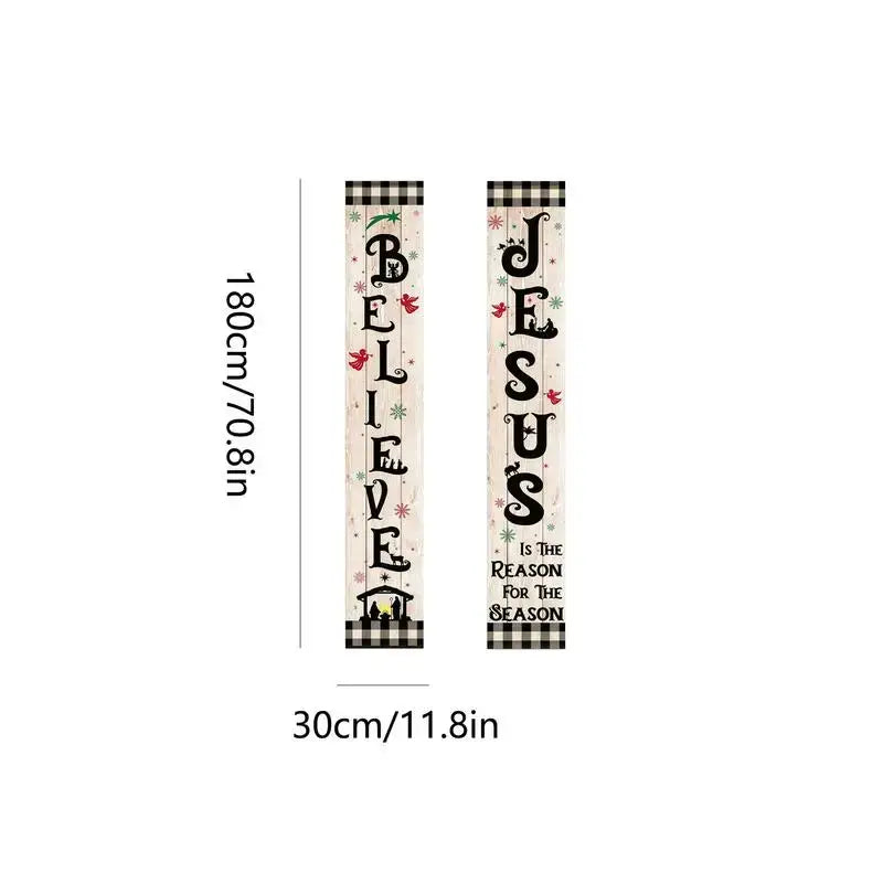 Size chart of Decorative Christmas Banner set, measuring 180cm x 30cm each, perfect for outdoor garden or porch holiday decor.