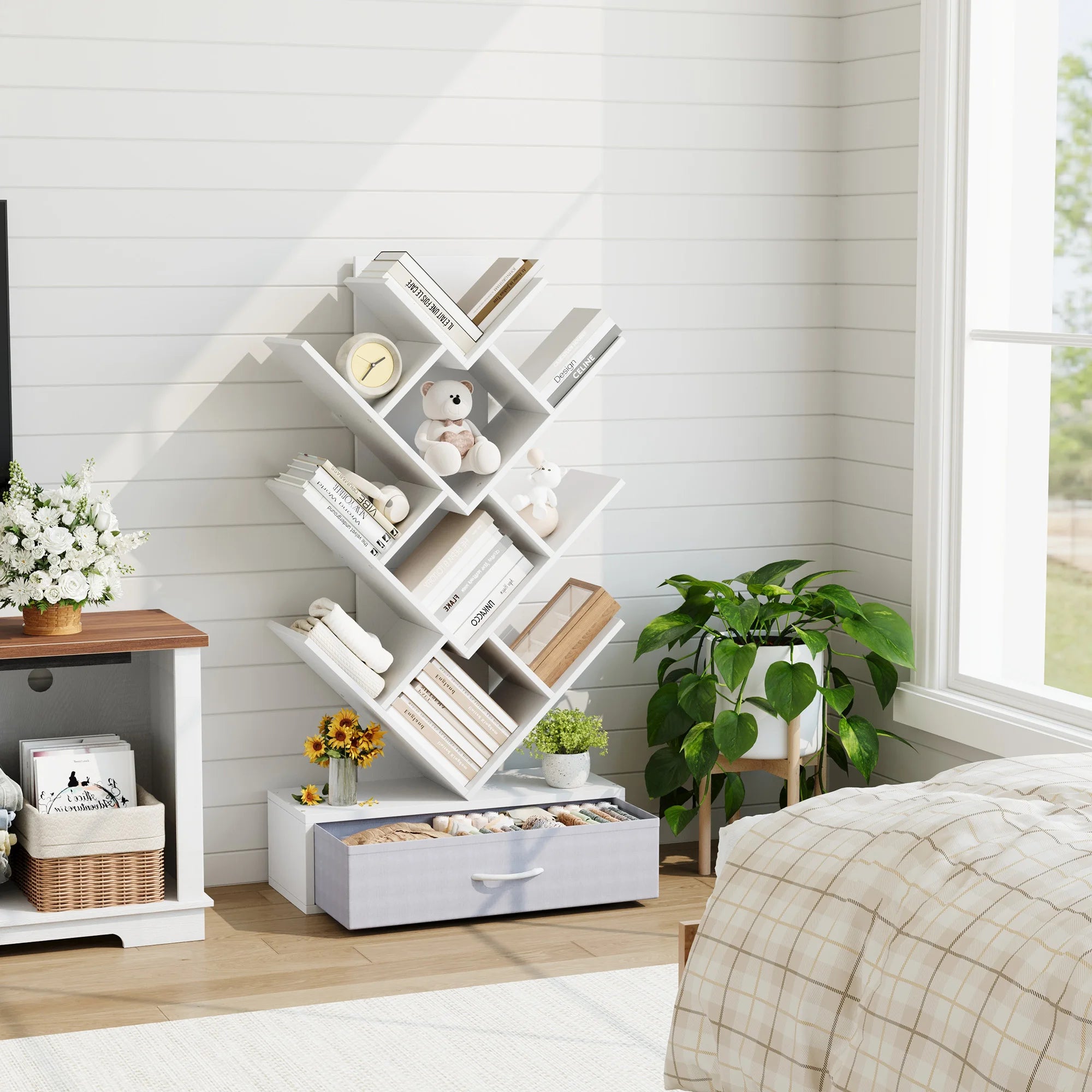 7-Tier Tree Bookshelf with LED Lights & Fabric Drawer