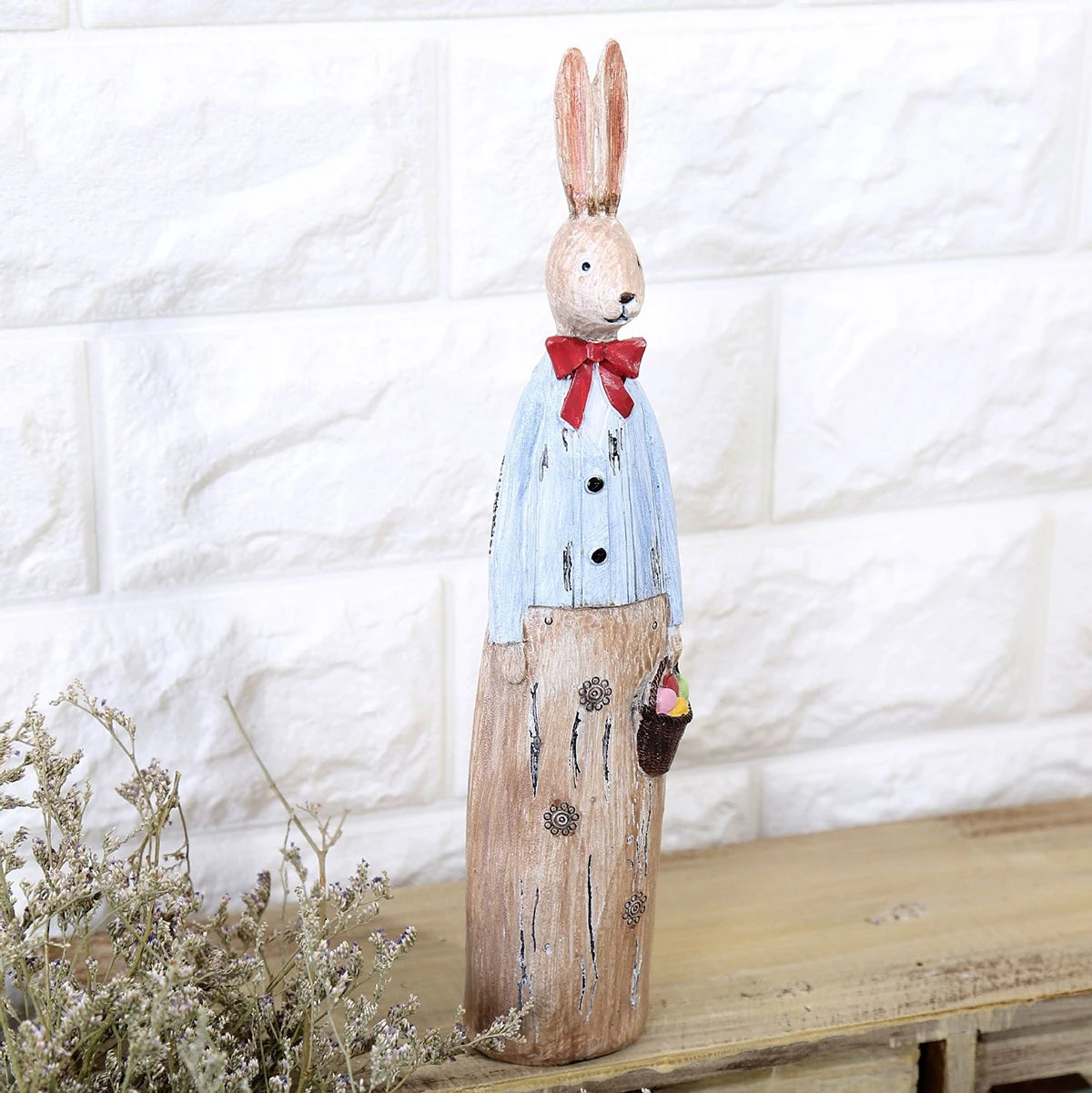 Wood Grain Resin Bunny Couple Statue - Handmade