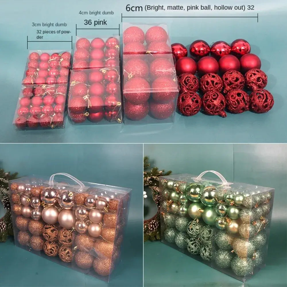 Red and pink 100PCS Plastic Christmas Ball Sets with size and finish variations, ideal for personalized holiday ornament themes.