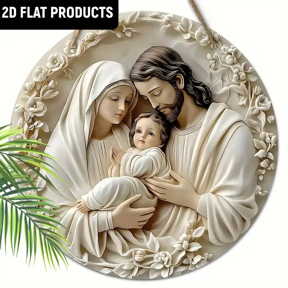 Detailed 2D flat Classic Wooden Nativity Scene Decor with Holy Family and floral accents, perfect for Christmas wall hanging in any room.