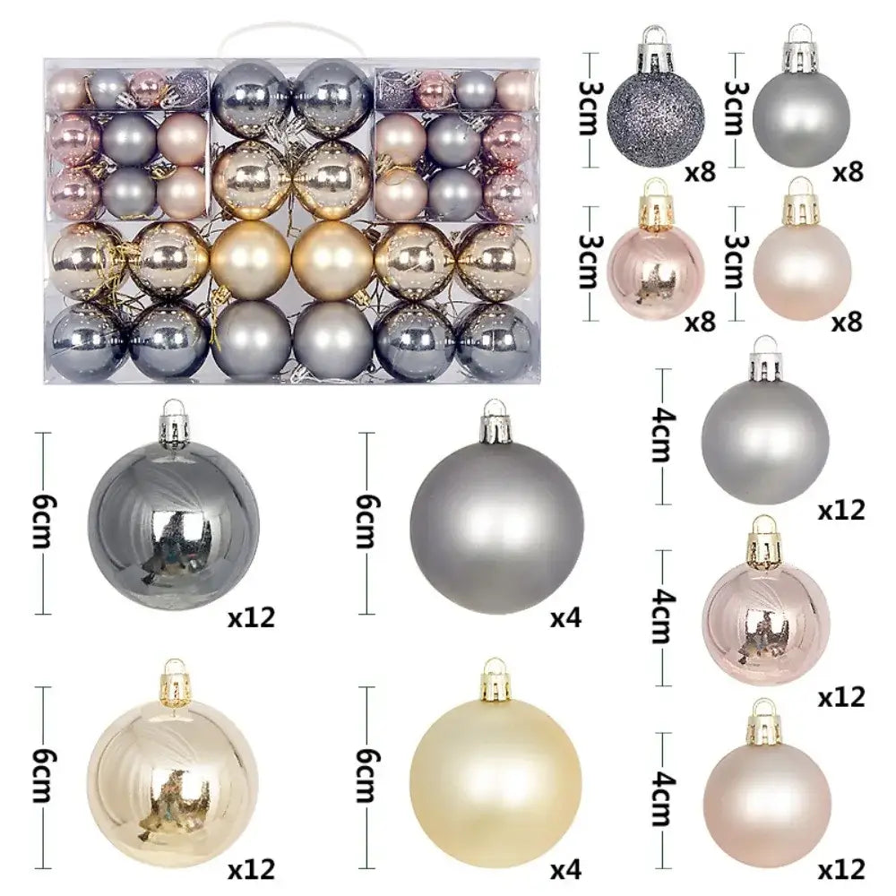 Silver, pink, and champagne 100PCS Plastic Christmas Ball Set with size chart, ideal for coordinating holiday ornament themes.