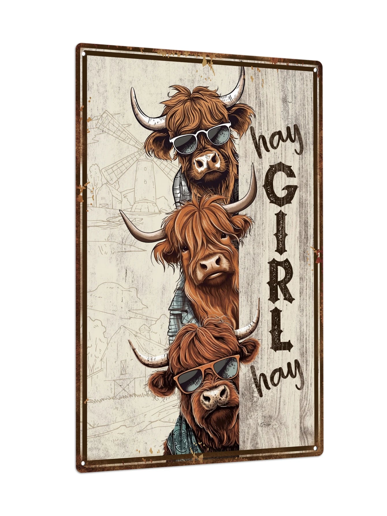 Durable Yak Metal Tin Sign - Hey Girl Hey with vintage finish and pre-drilled holes. Ideal for humorous and rustic home decoration.