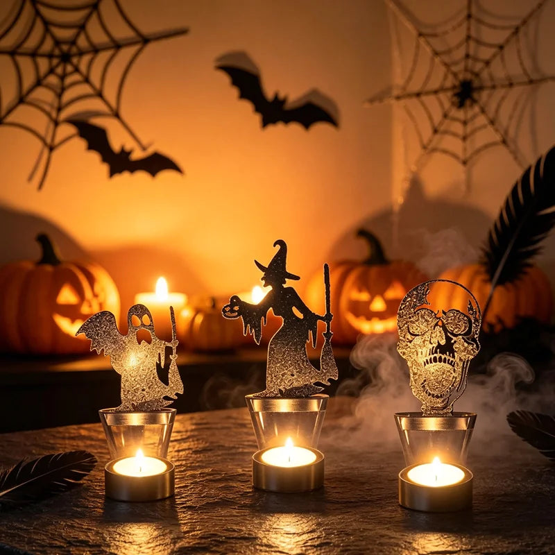 Halloween Metal Candle Holder — Hollow Carved Bat, Spider & Pumpkin Lantern Design