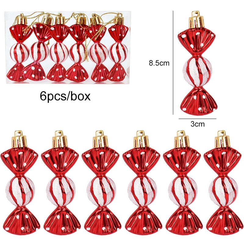 6pcs/box red and white wrapped candy ornaments measuring 8.5cm, part of the Christmas Tree Ornaments Set - 6pcs Red Star Candy collection.