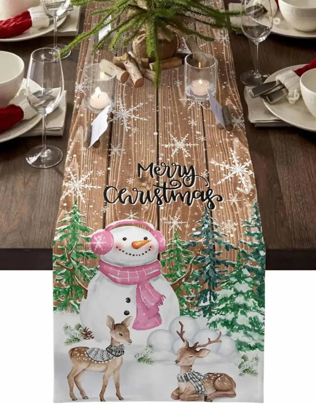 Rustic wood-style linen table runner with snowman, reindeer, and snowflakes. Christmas design ideal for cozy holiday table settings.
