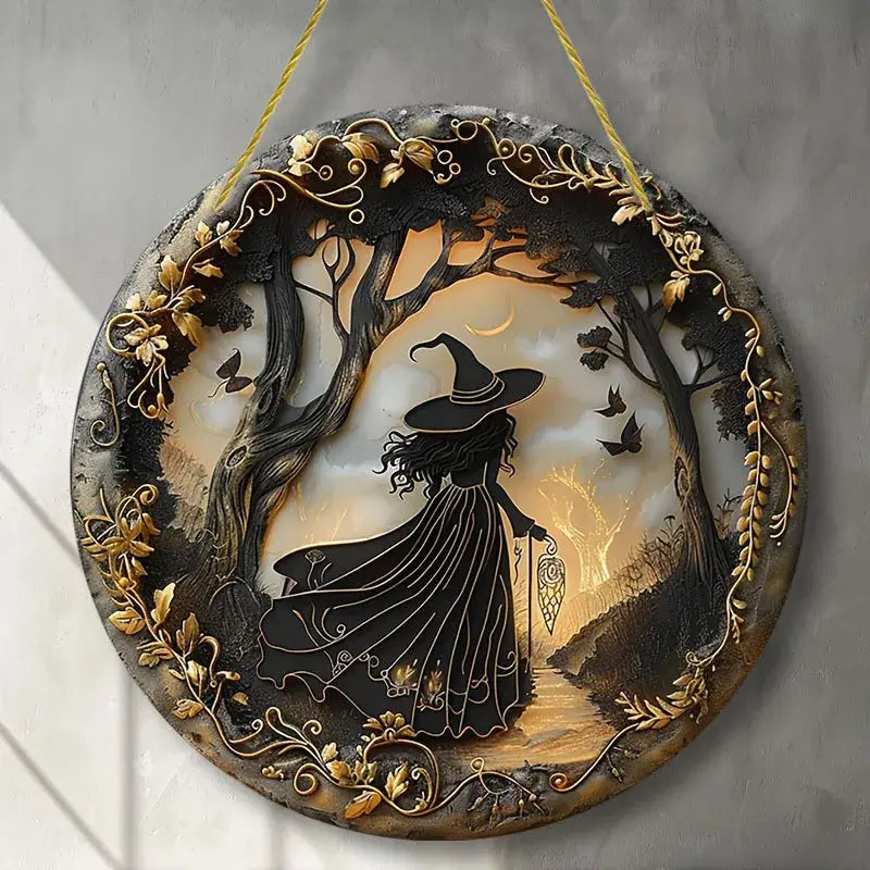 Elegant witch silhouette Halloween window decoration with forest background and golden accents, ideal for seasonal decor.