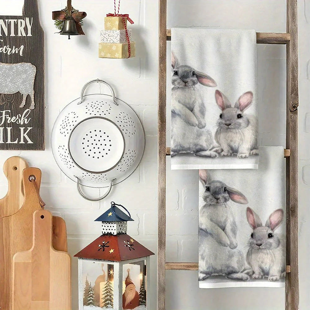 2Pcs, Hand-Painted Gray Rabbit Kitchen Towels Set