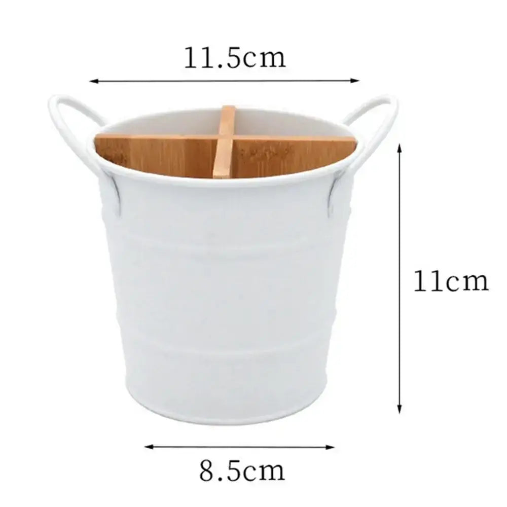 White Bamboo Cutlery Organizer - Divider & Metal Holder with size dimensions 11.5cm x 11cm x 8.5cm, perfect for compact kitchen use.