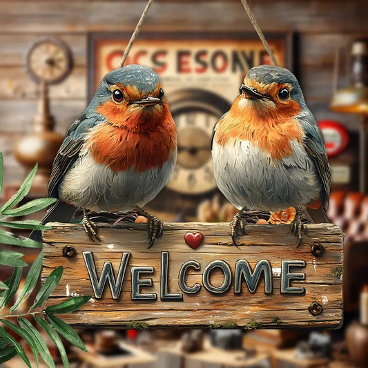 2D Woodcut Wooden Welcome Sign with two robins perched on a rustic plank, ideal for home or garden décor. Precision-cut 9.80 inch novelty sign.