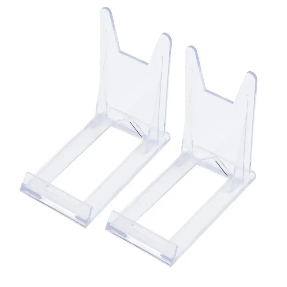 Pair of clear acrylic art display frame stands. Transparent and durable for showcasing small items or photos.