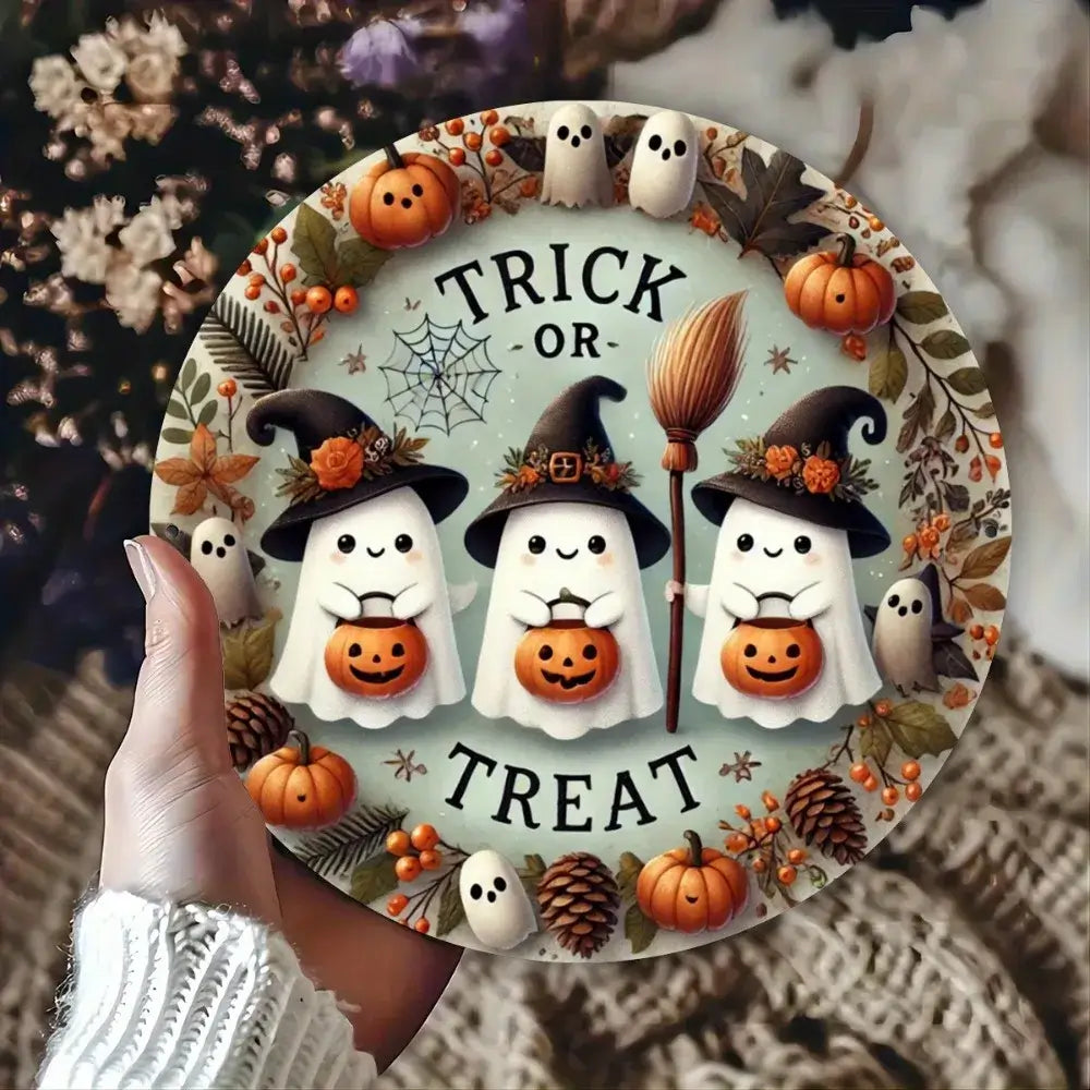 Halloween Trick or Treat metal sign with adorable ghost trio and fall elements, great for seasonal wall decor, weatherproof and vintage style.
