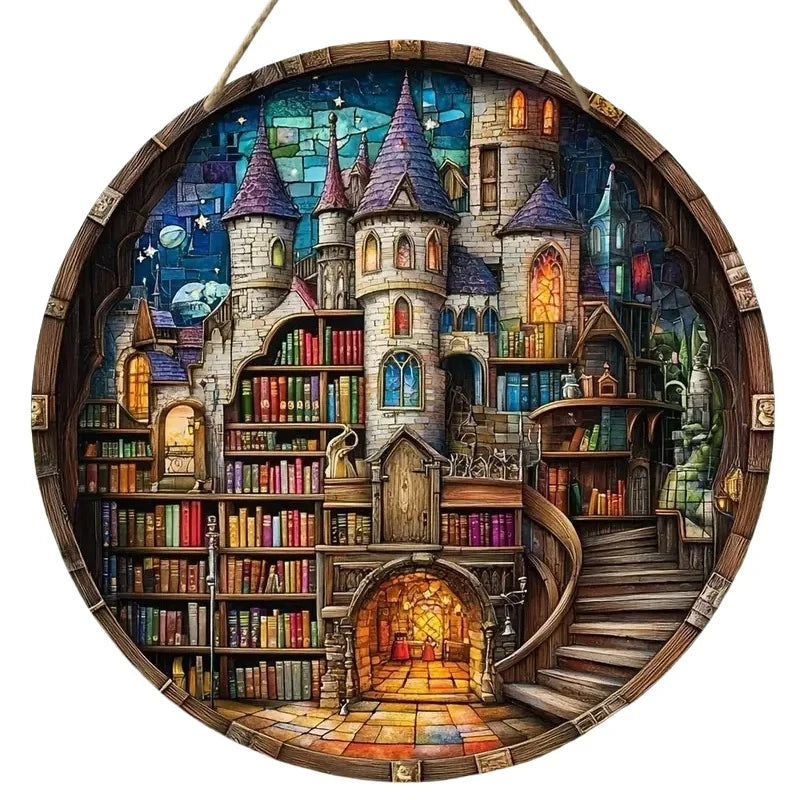 Colorful fantasy castle bookshelf design on a circular wooden sign, ideal for festive Christmas wall decoration in kids' rooms or libraries.