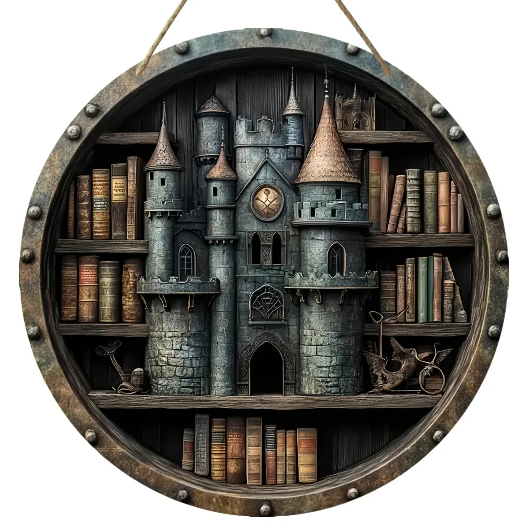 Dark-toned castle bookshelf wooden sign with vintage books and gears, perfect for gothic or steampunk Christmas wall decor.