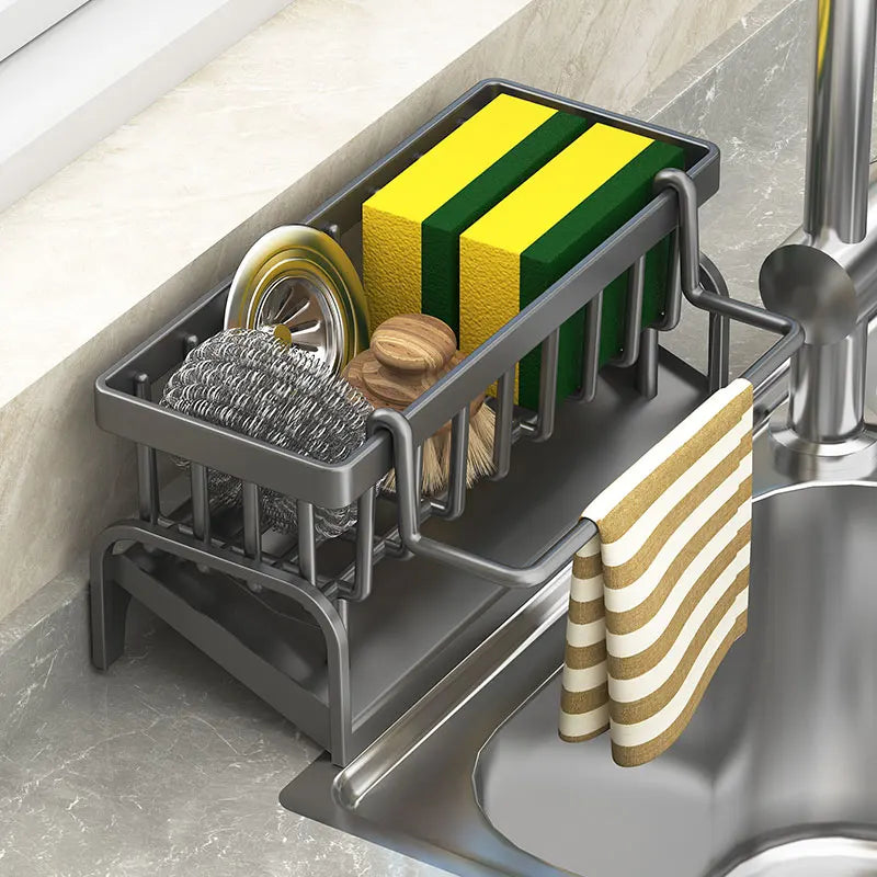 The Multi-Functional Sink Caddy Organizer, measuring 9.1" wide, is a practical solution to keep your kitchen tidy and organized. With its spacious compartments, it’s perfect for holding sponges, dish soap, scrubbers, and more.