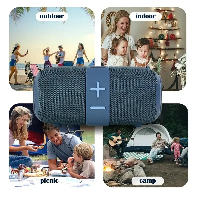 Crossbody Bluetooth Speaker shown in outdoor, indoor, picnic, and camping settings. Versatile 50W portable speaker with LED lights and strap.
